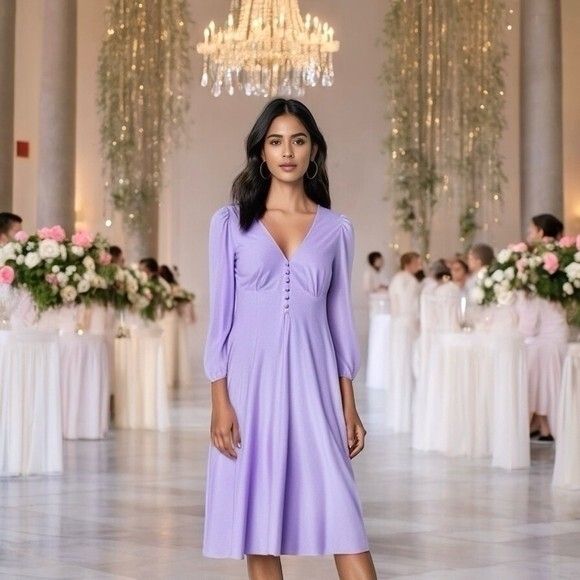 Fresh Dress Dresses & Skirts - Lilac White Dot Fit Flare Maxi Dress L V-Neck Long Sleeve Prom Cocktail EXC